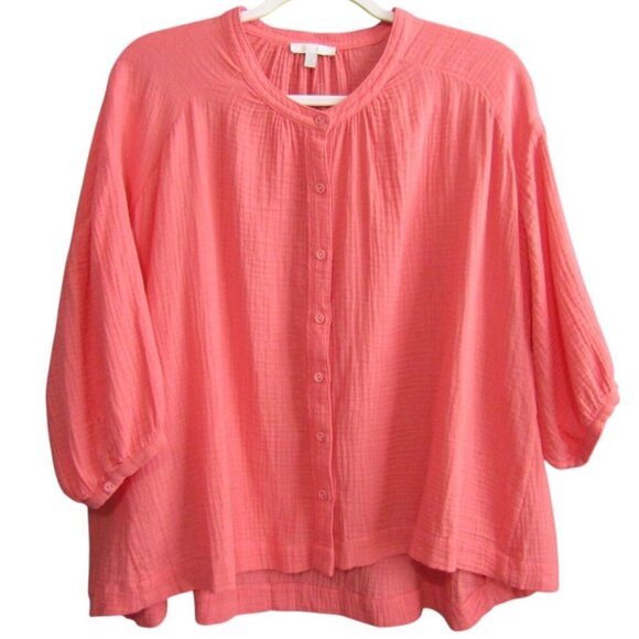 Johnny Was Calme Peach Shirred Neck Button Down Top Womens Size M Cotton O21016 - Picture 1 of 8